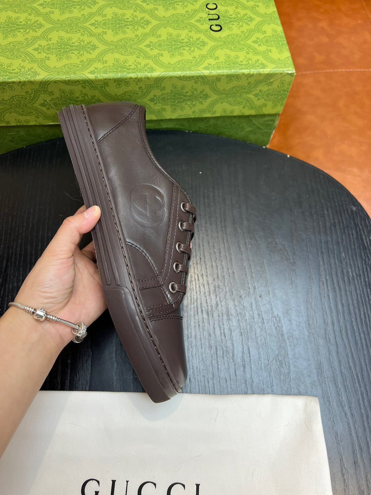 Brown Leather Plain Low-Top - Men's