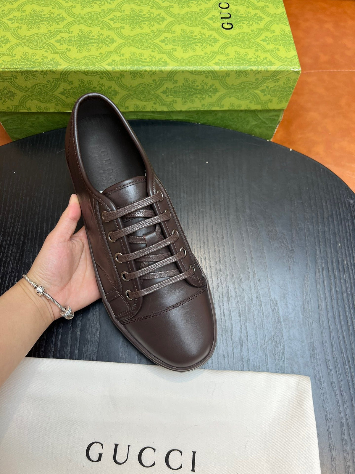 Brown Leather Plain Low-Top - Men's