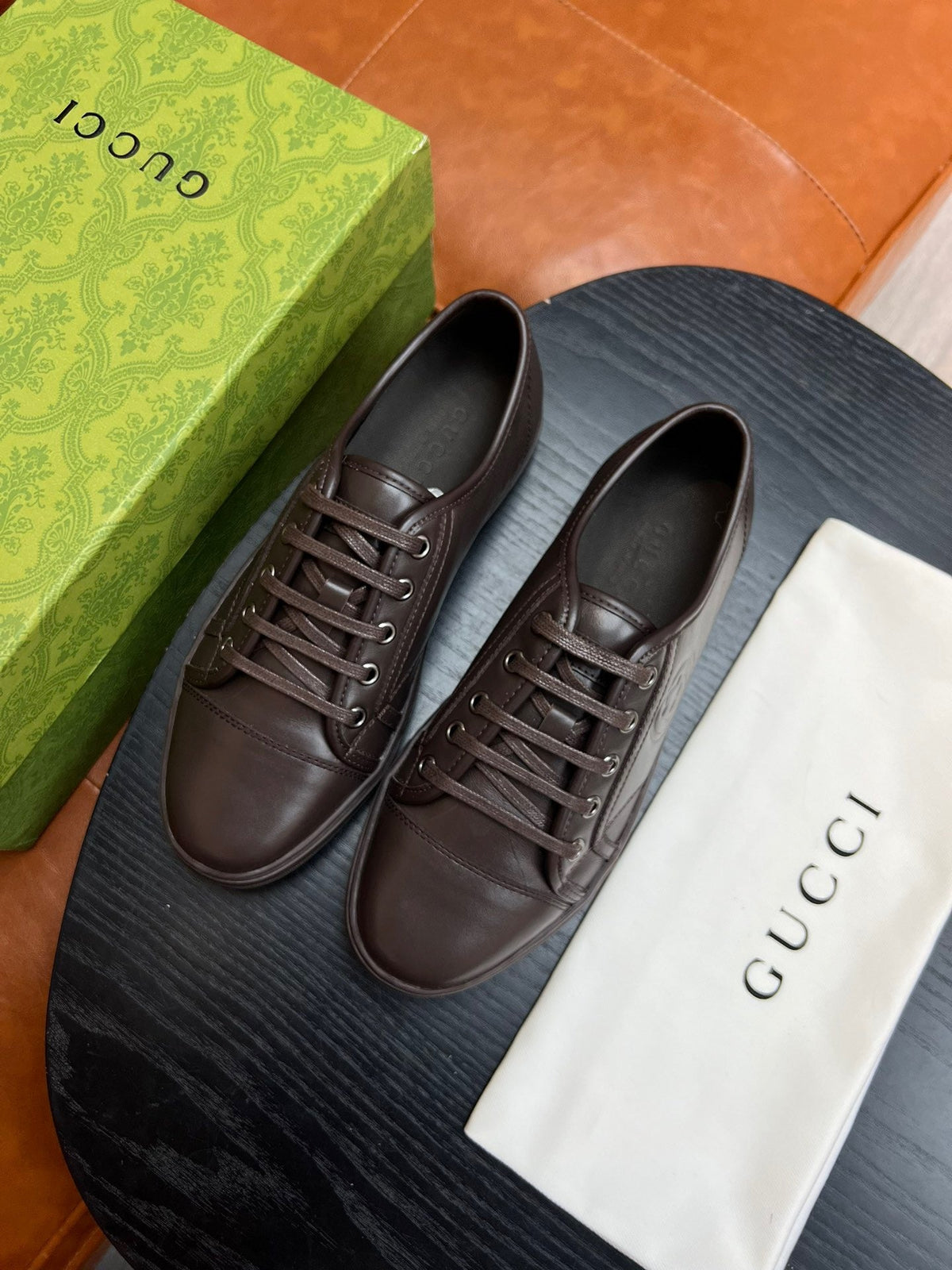 Brown Leather Plain Low-Top - Men's
