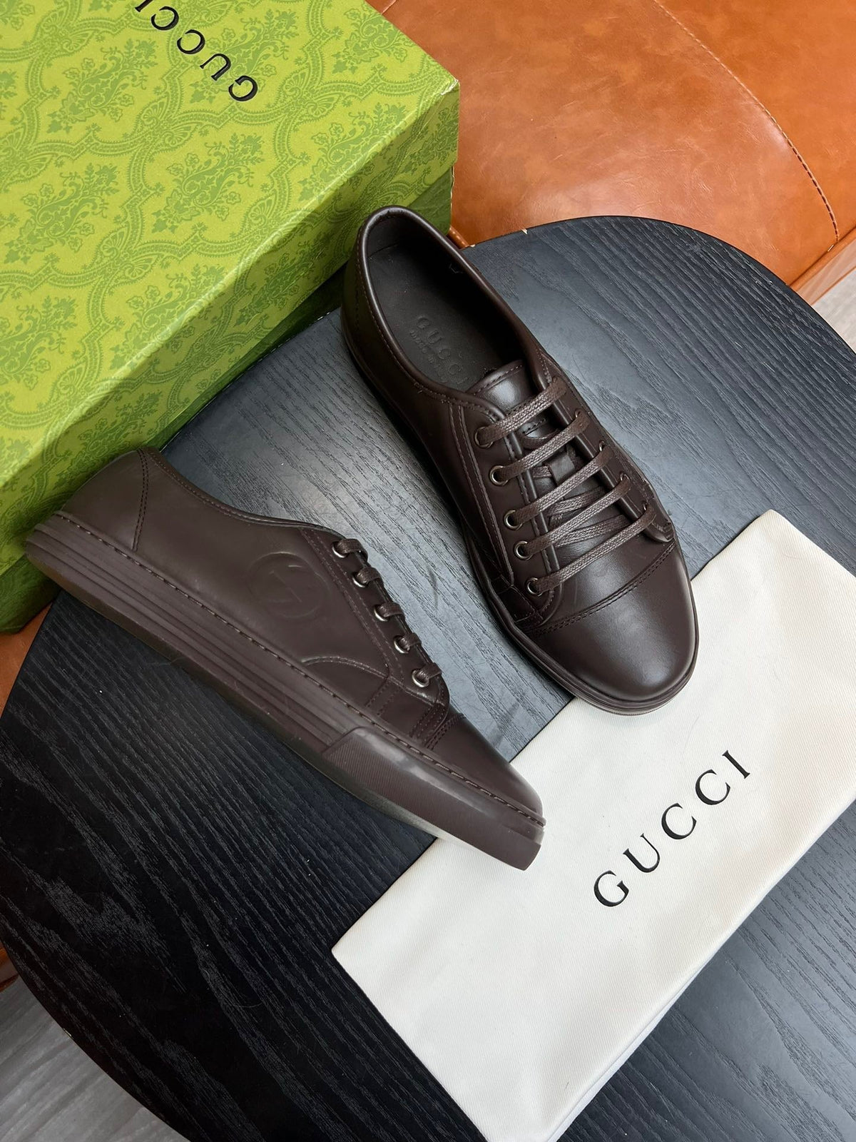 Brown Leather Plain Low-Top - Men's
