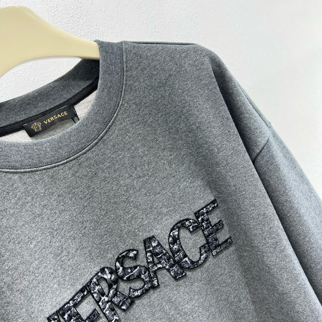 Grey Cotton Bold Text Crewneck - Men's
