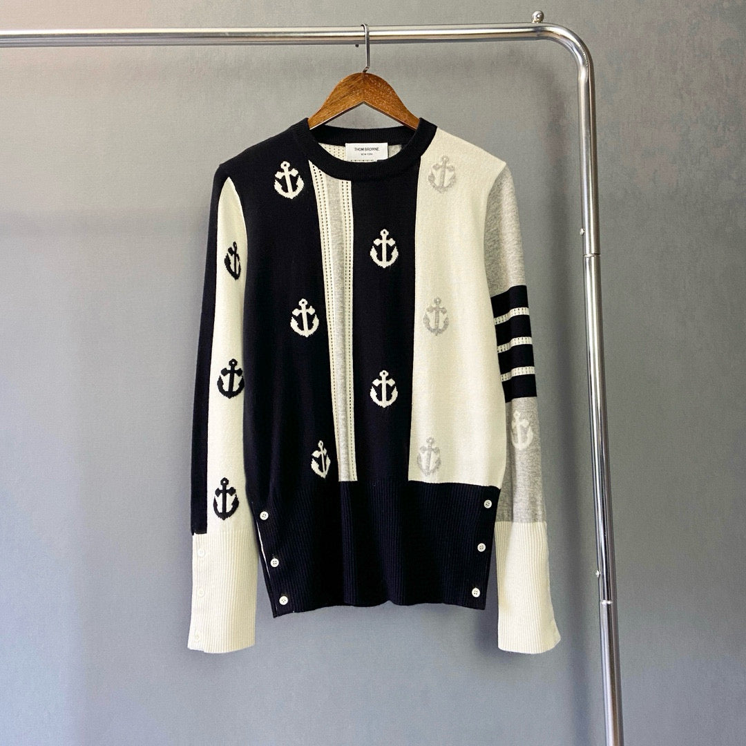 Navy Wool Anchor Intarsia Cardigan - Women's