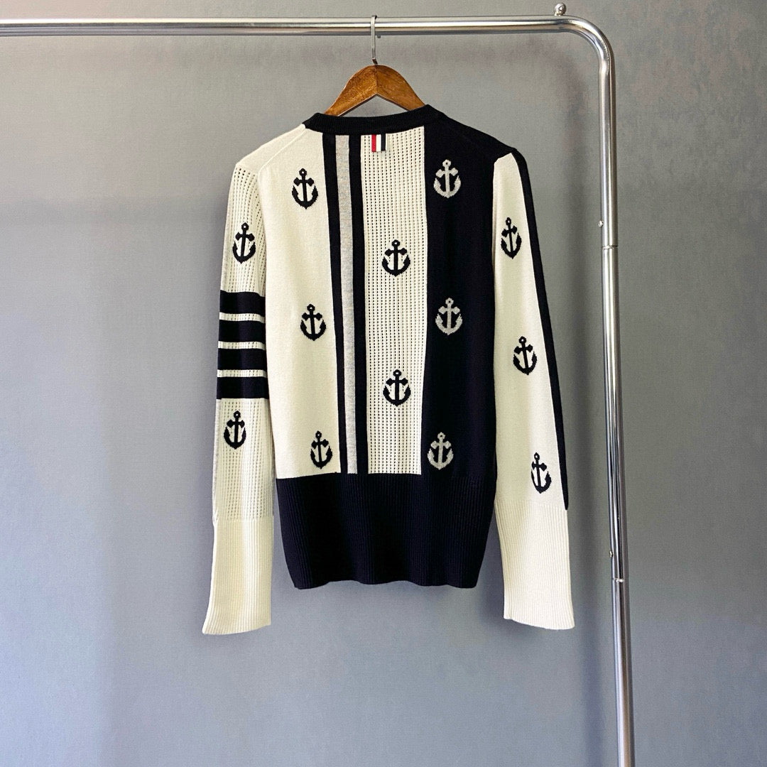 Navy Wool Anchor Intarsia Cardigan - Women's