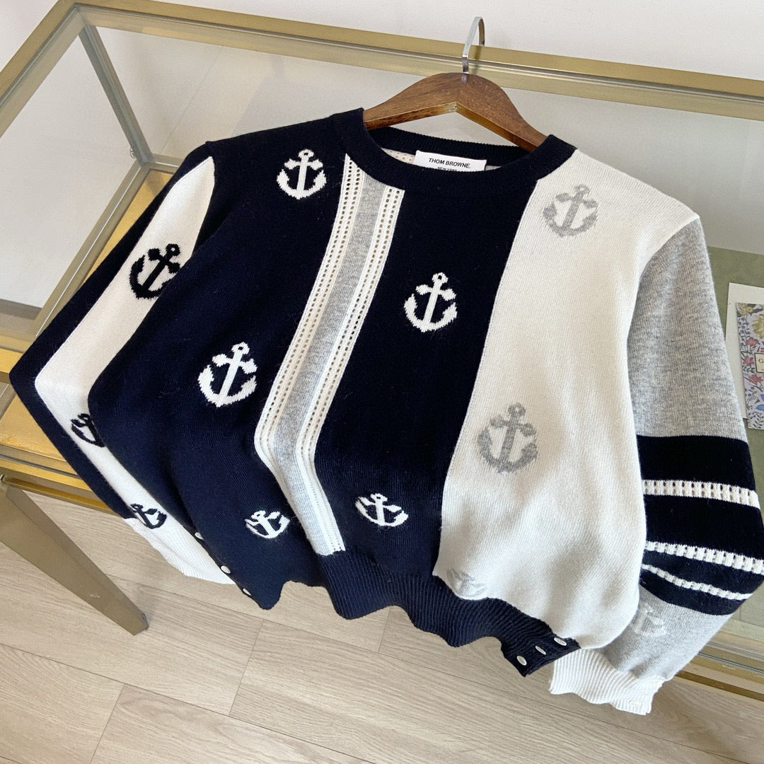 Navy Wool Anchor Intarsia Cardigan - Women's