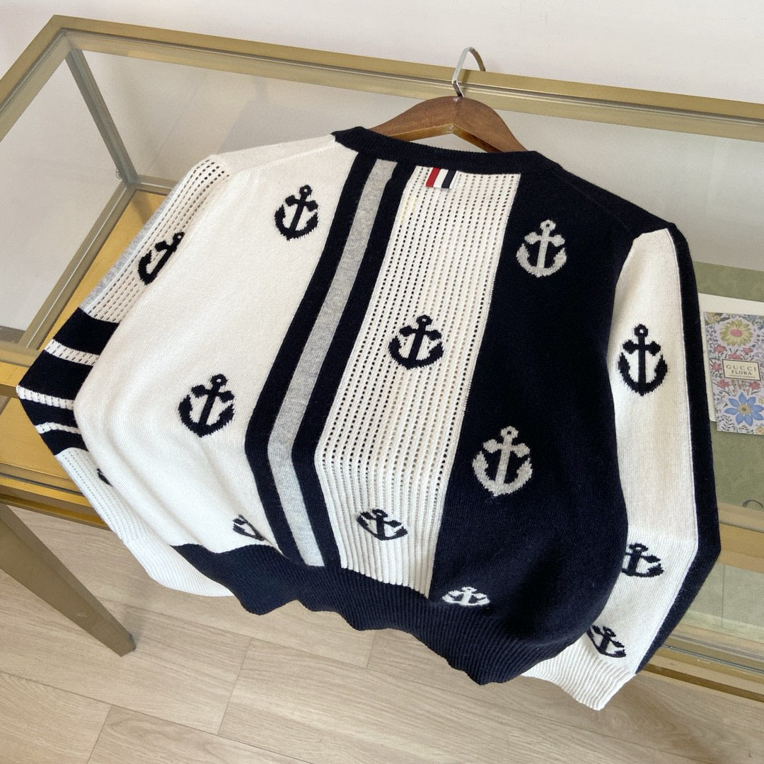 Navy Wool Anchor Intarsia Cardigan - Women's