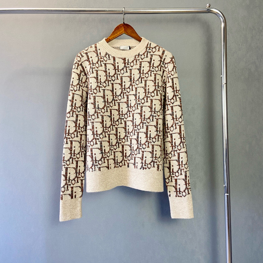 Cream Jacquard Monogram Crewneck - Men's