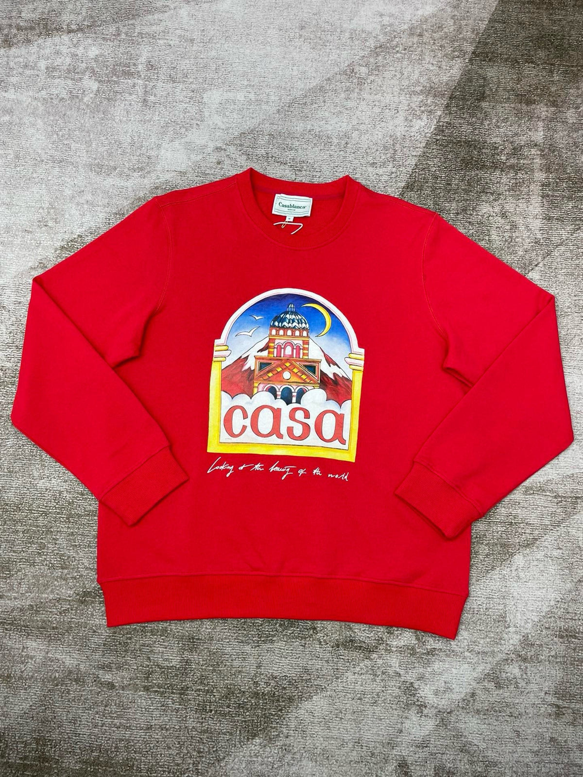 Red Cotton Arch Graphic Crewneck - Men's