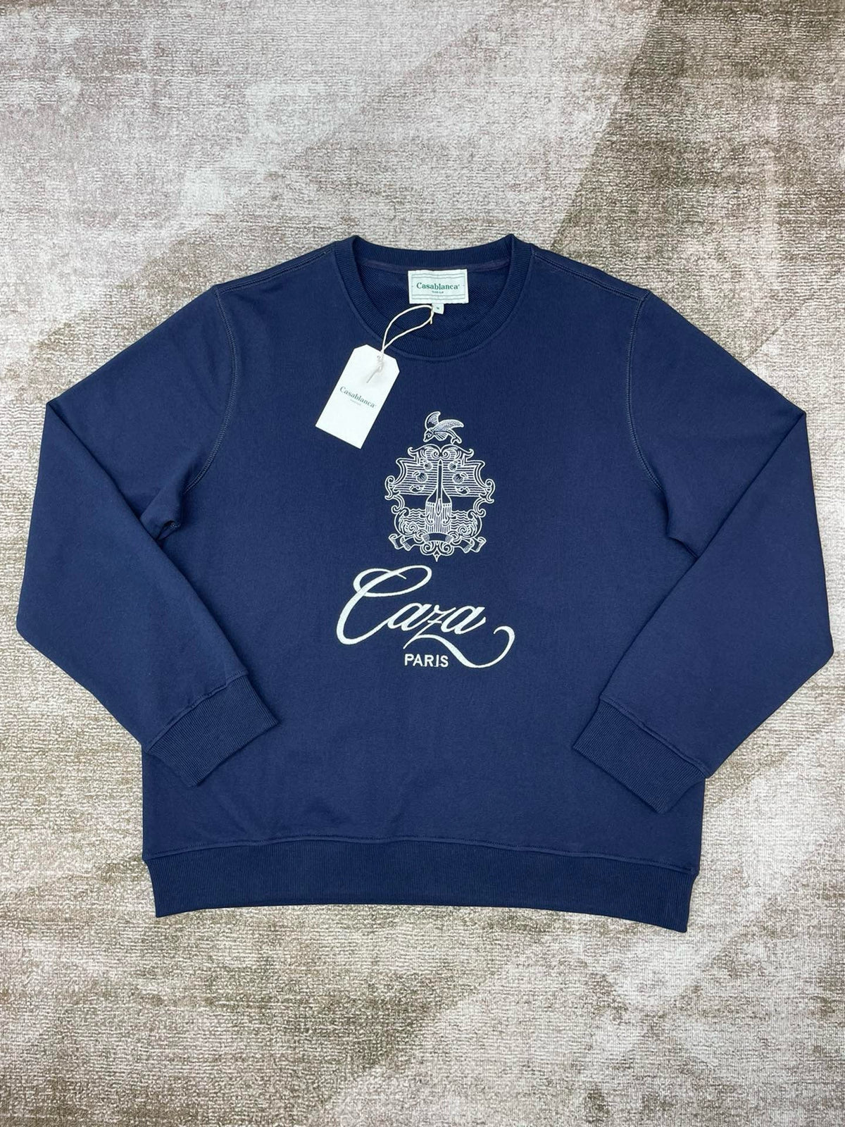 Navy Cotton Script Logo Crewneck - Men's