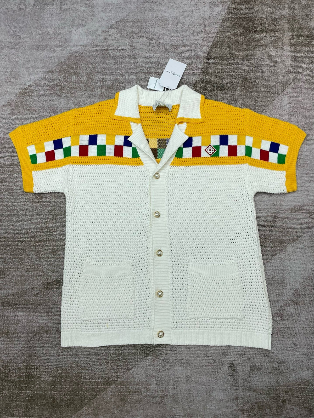 Yellow Checkerboard Knit Cardigan Shirt - Men's