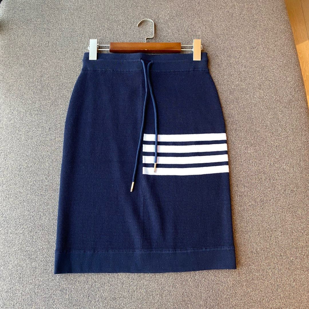 Grey Knit Bar Stripe Midi Skirt - Women's
