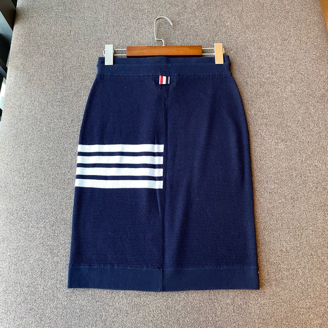Grey Knit Bar Stripe Midi Skirt - Women's