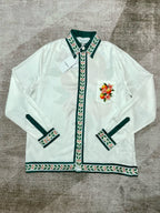 Green Embroidered Trim Silk Shirt - Men's