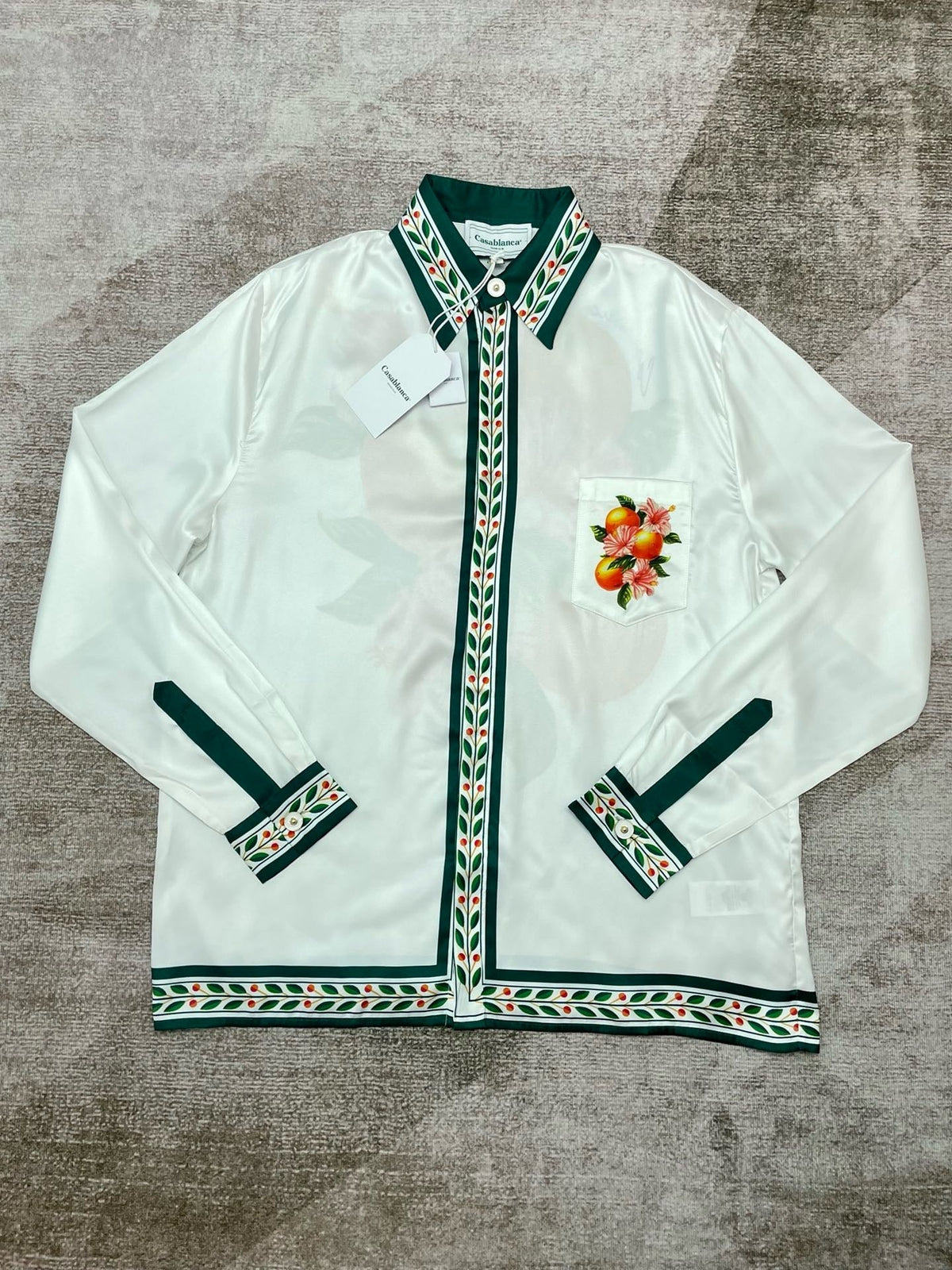 Green Embroidered Trim Silk Shirt - Men's