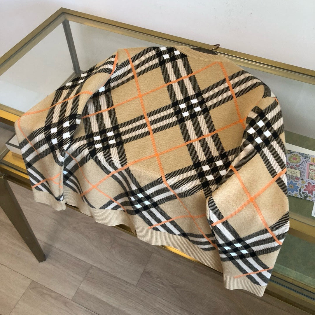 Beige Cotton Check Crewneck - Men's