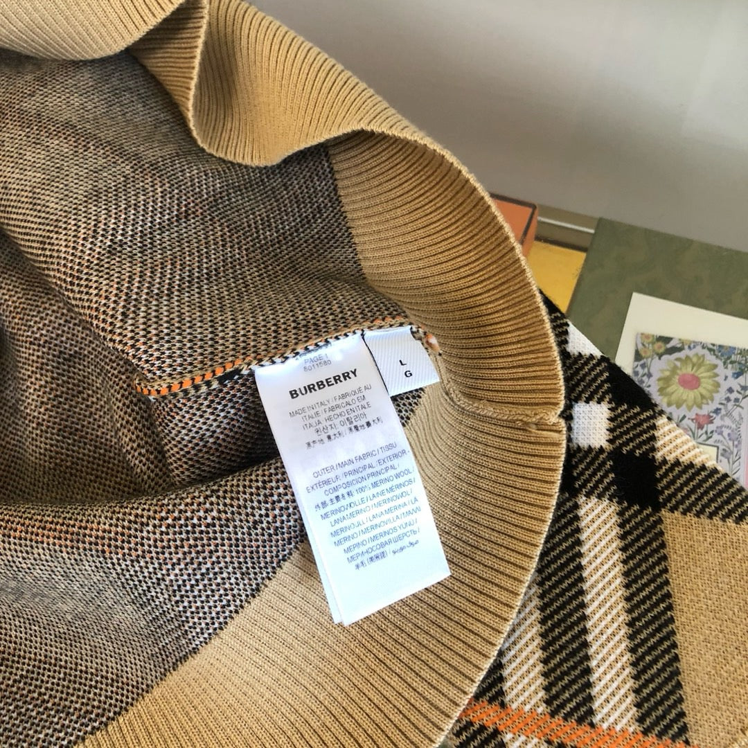 Beige Cotton Check Crewneck - Men's