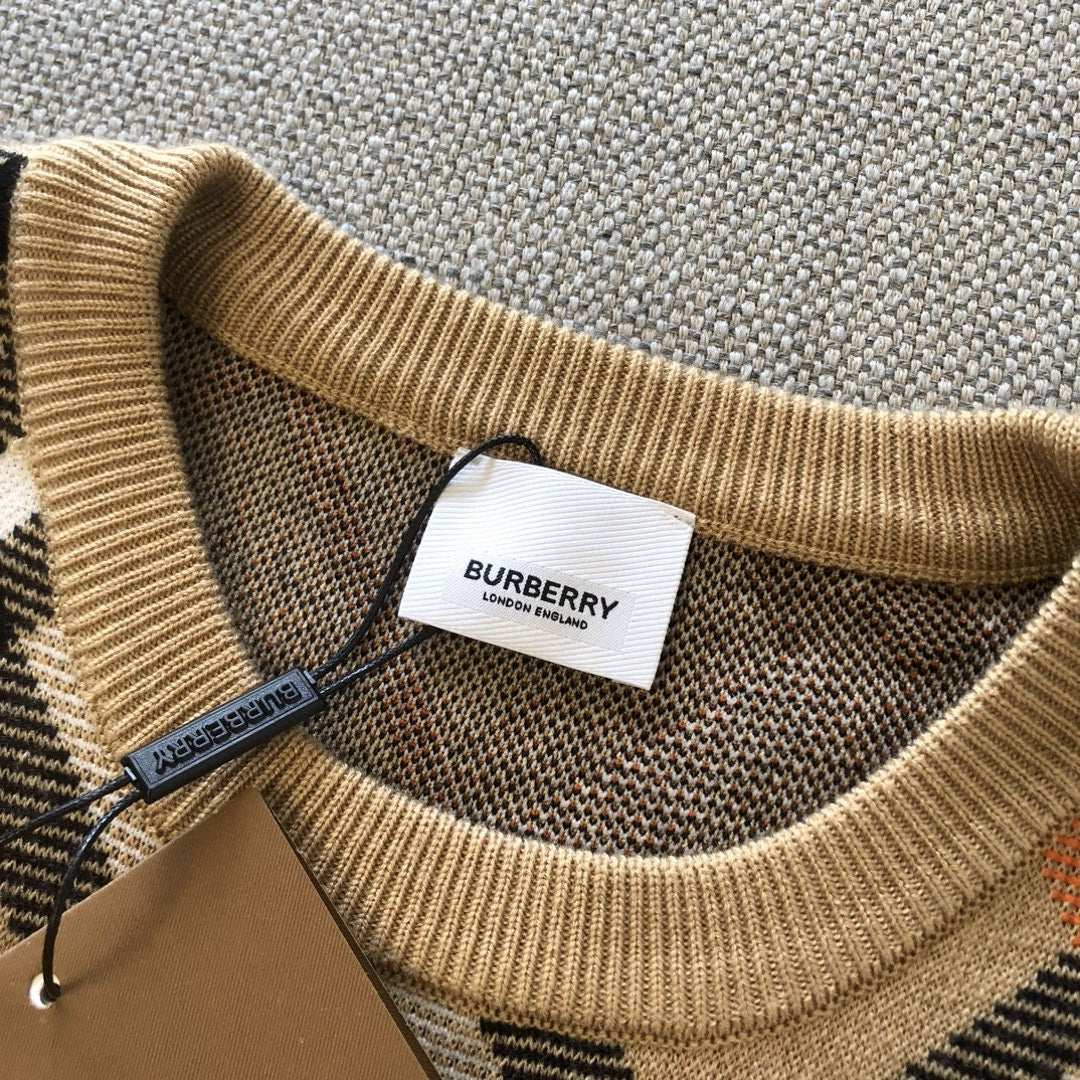 Beige Cotton Check Crewneck - Men's