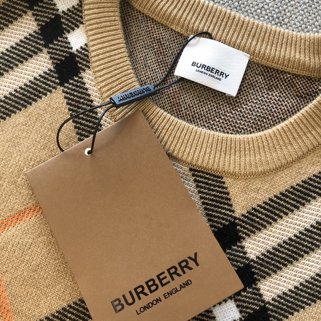 Beige Cotton Check Crewneck - Men's