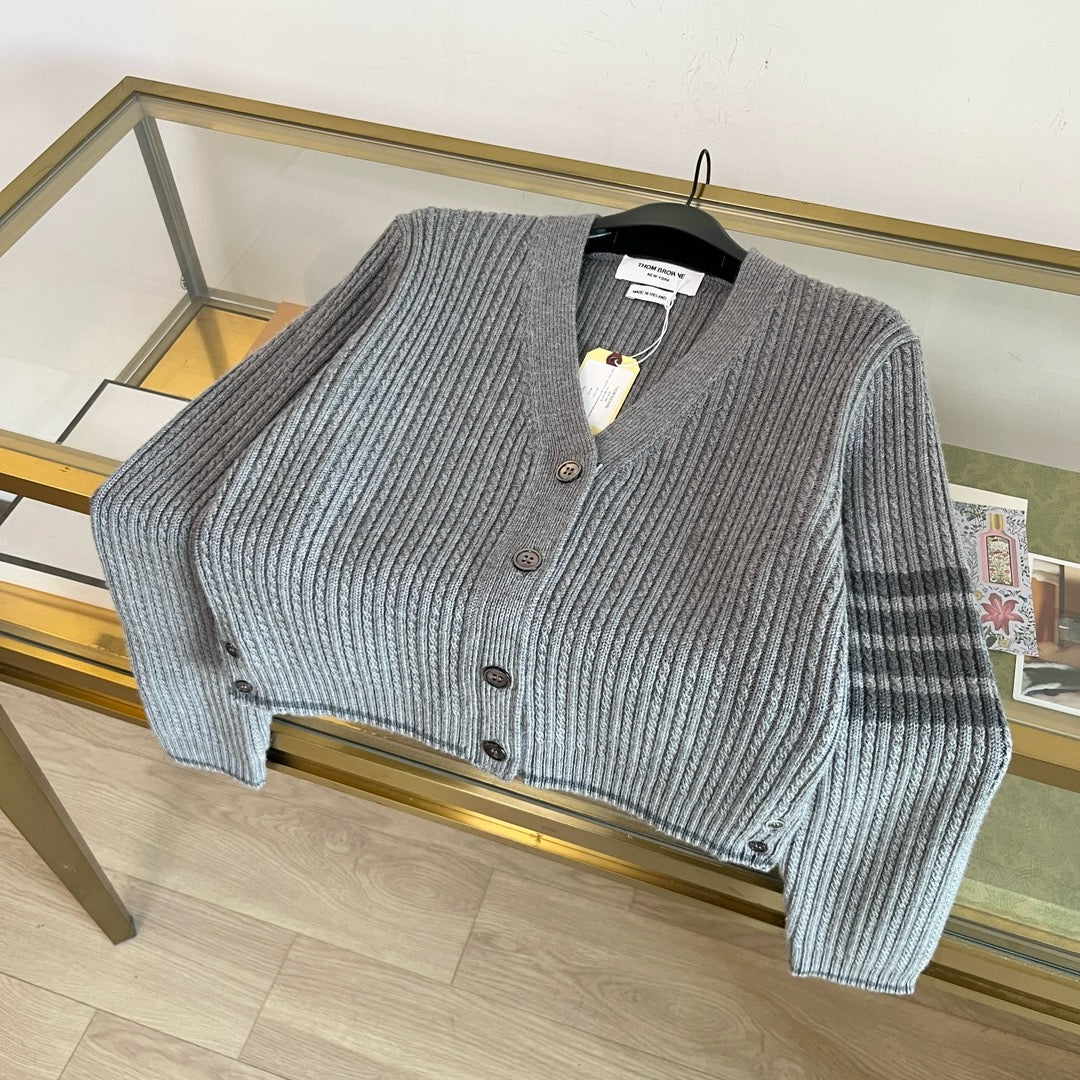 Grey Wool Ribbed Cardigan - Women's