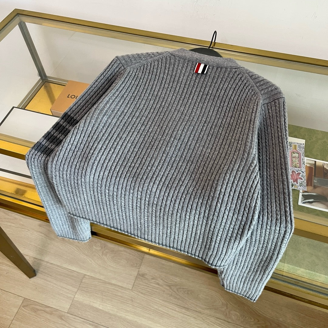 Grey Wool Ribbed Cardigan - Women's