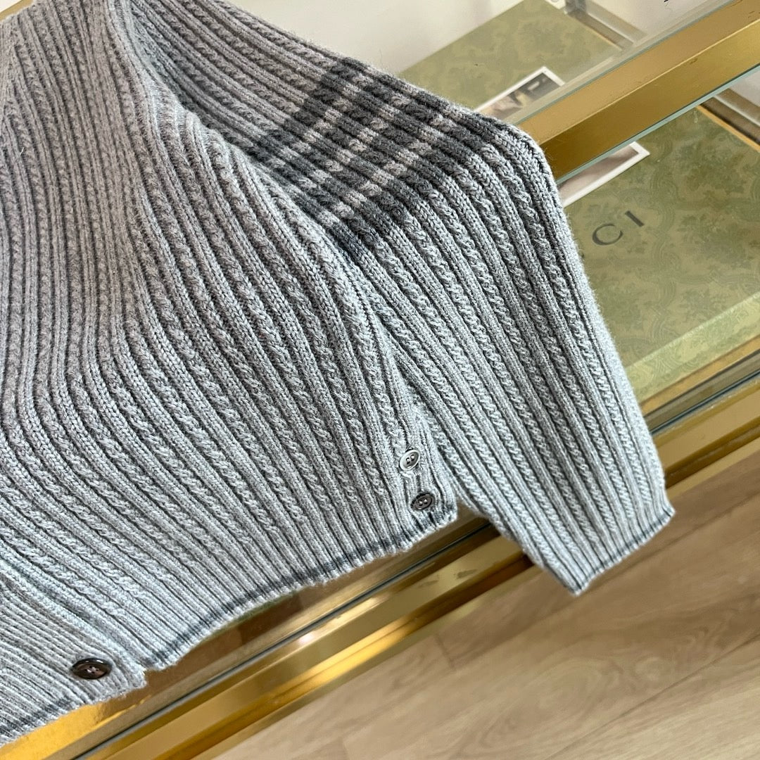 Grey Wool Ribbed Cardigan - Women's