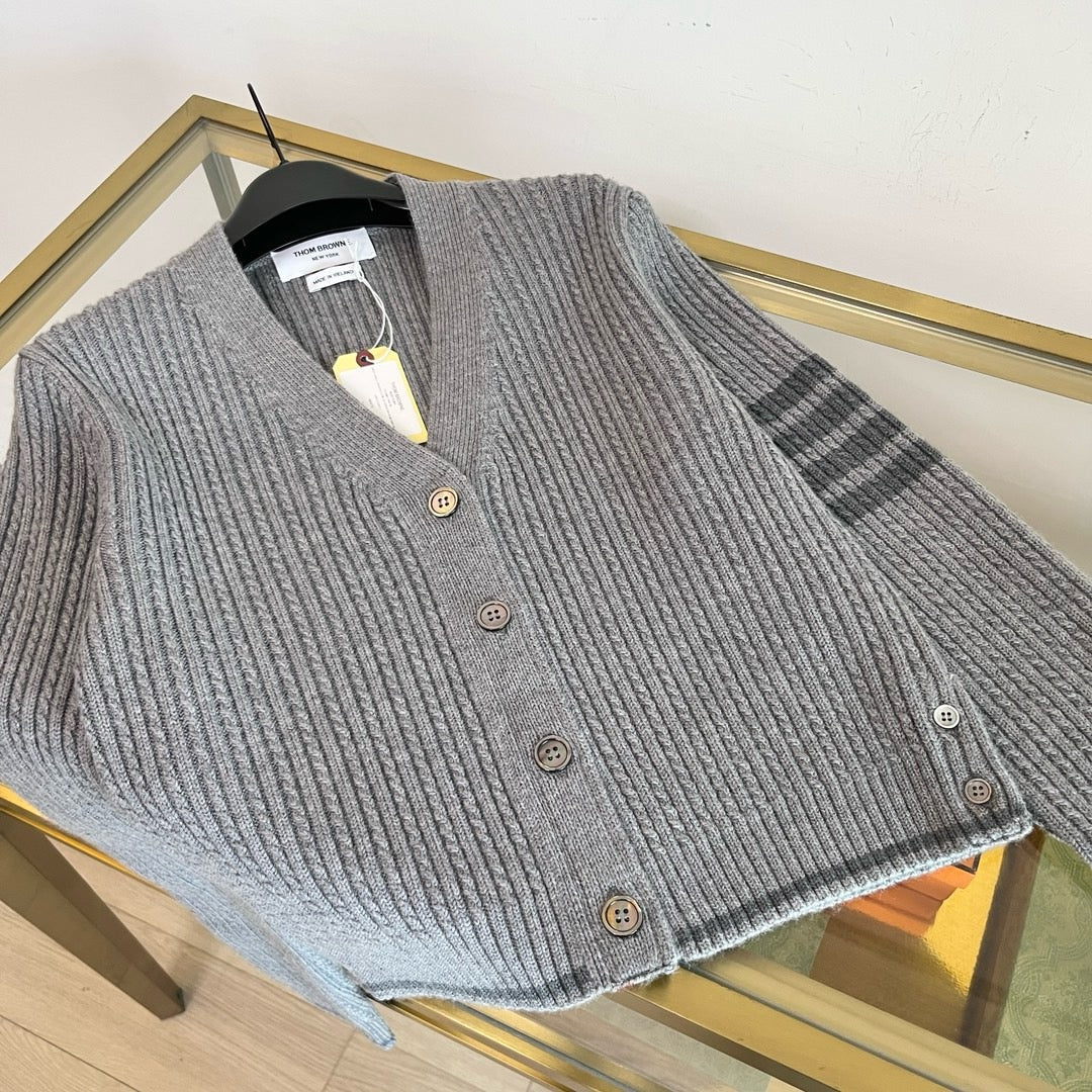 Grey Wool Ribbed Cardigan - Women's