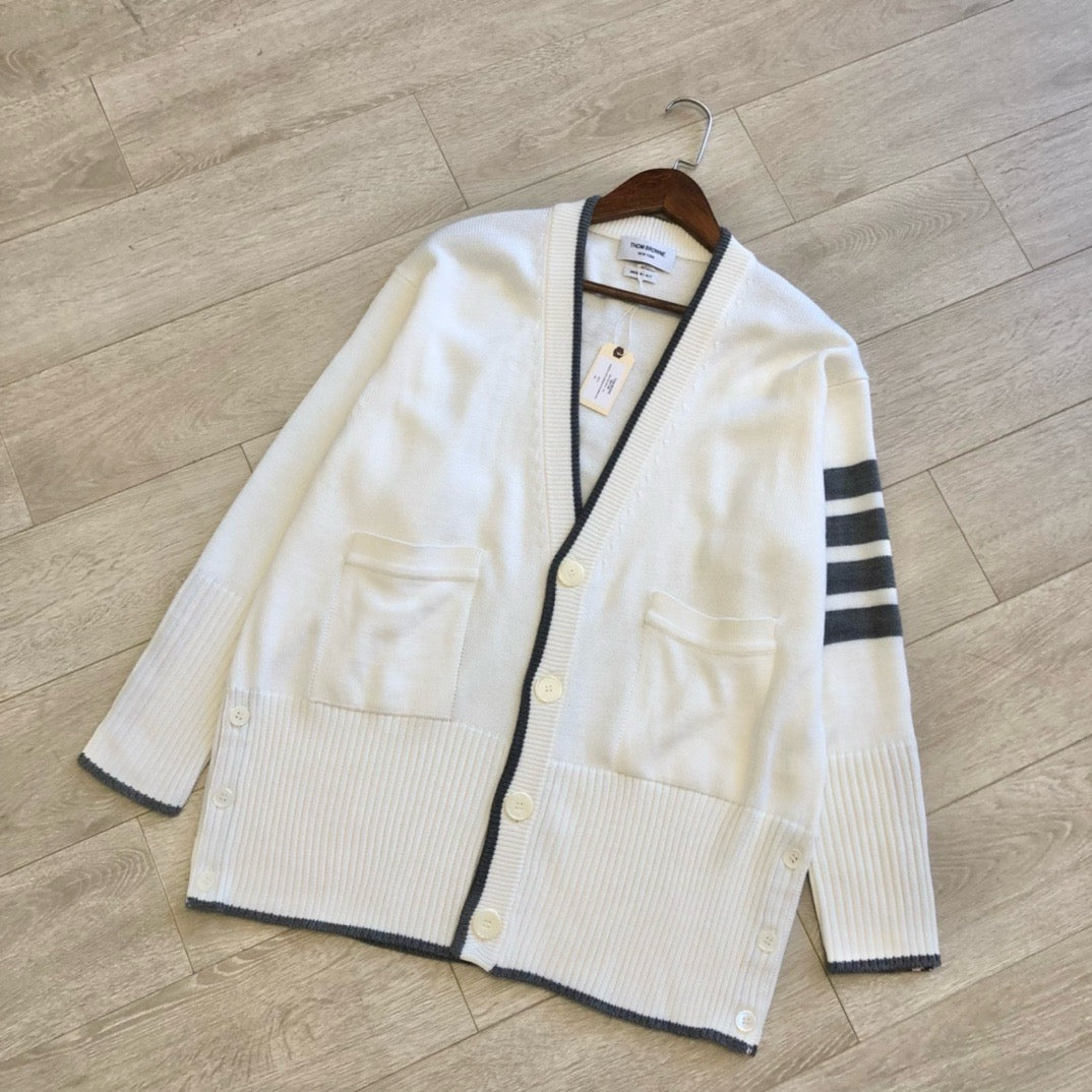 Cream Wool Bar Stripe Cardigan - Men's