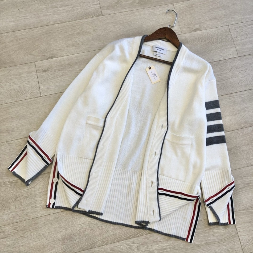 Cream Wool Bar Stripe Cardigan - Men's