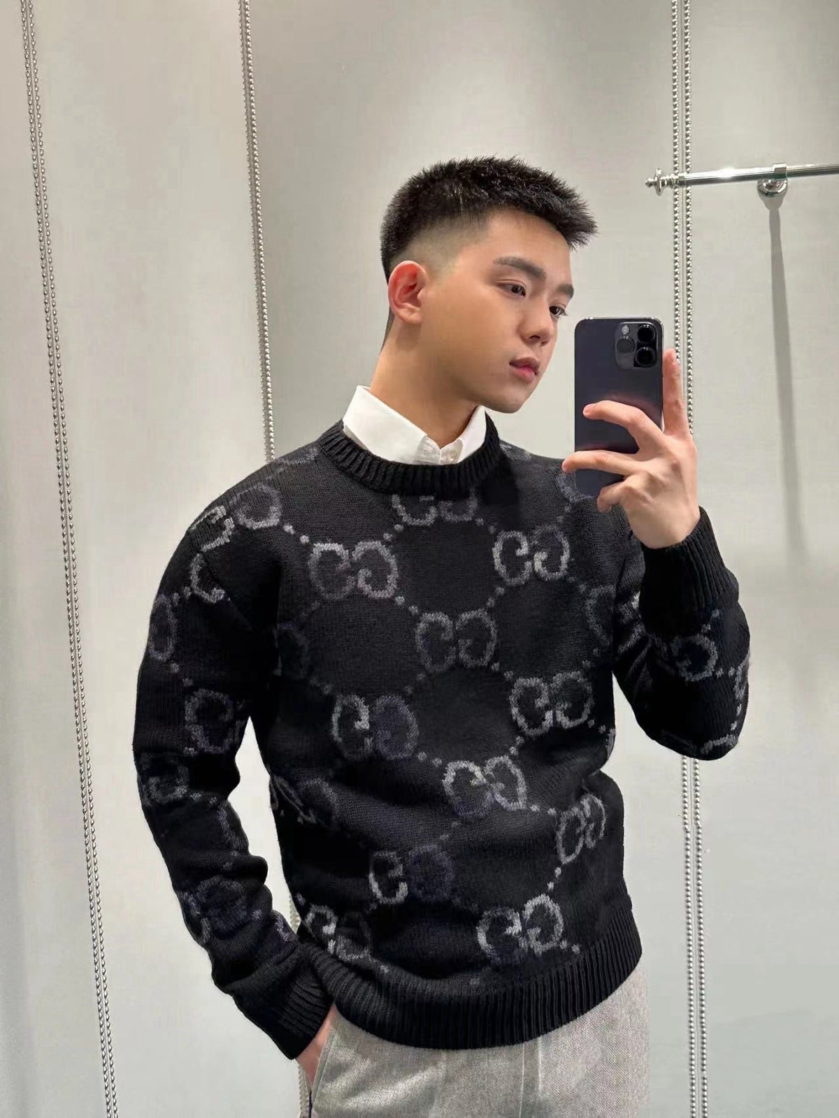 Black Jacquard Monogram Crewneck - Men's