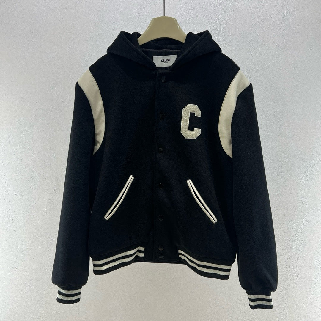 Black Wool Hooded Varsity - Men's