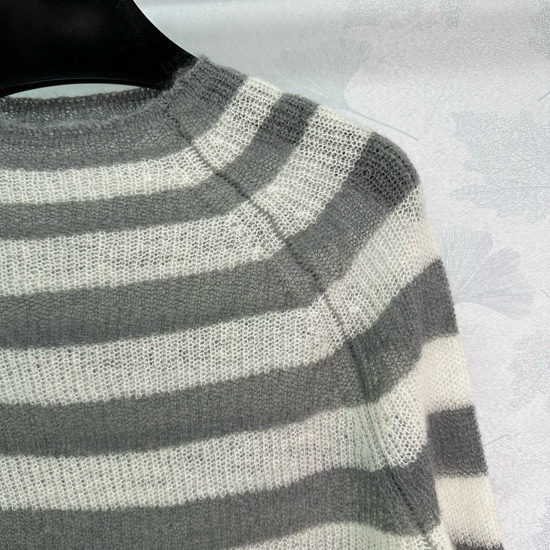Grey Wool Striped Crewneck - Men's