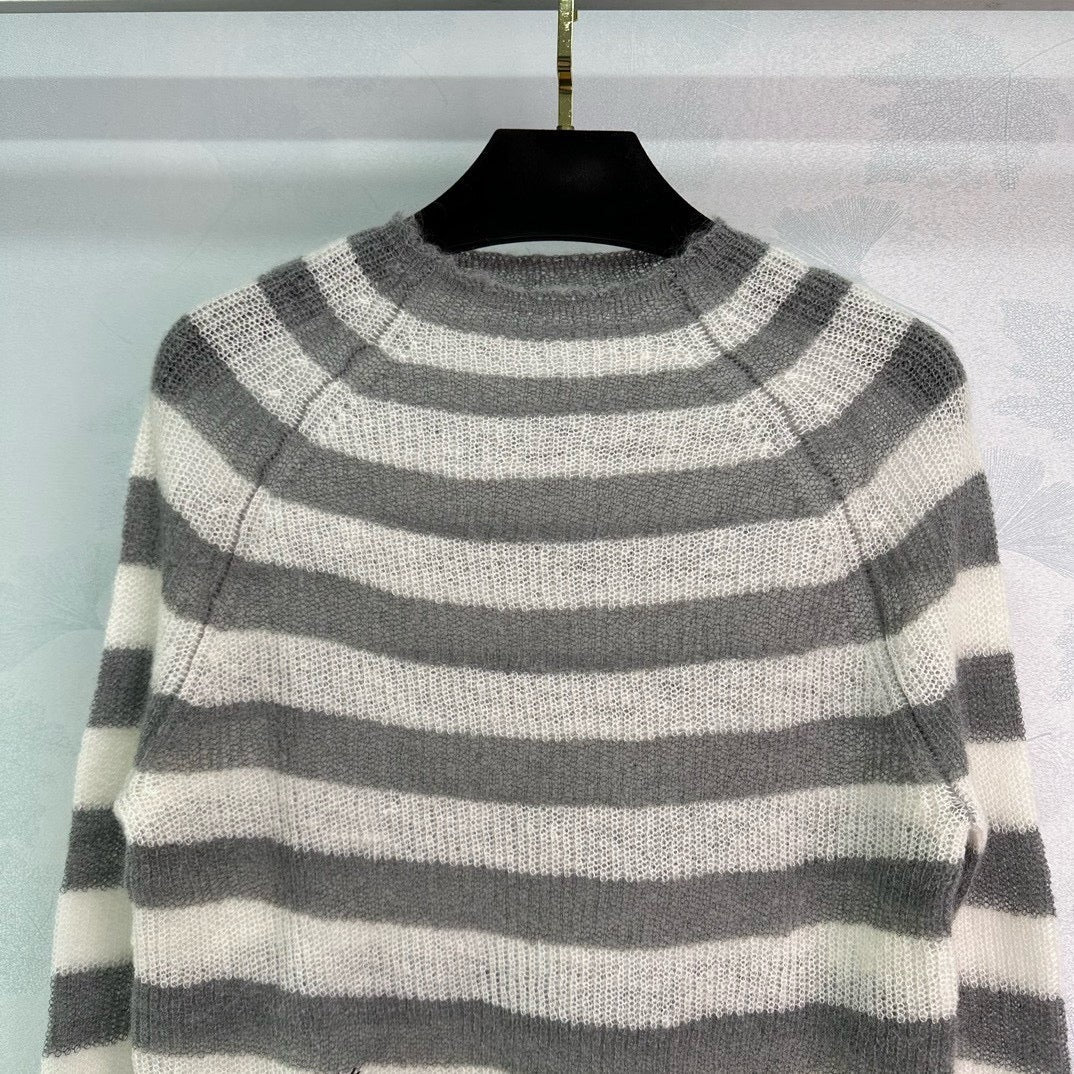 Grey Wool Striped Crewneck - Men's
