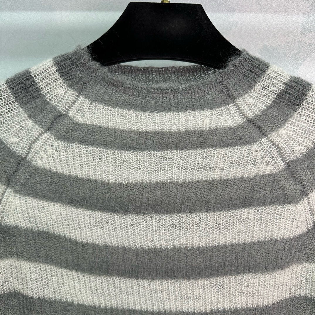 Grey Wool Striped Crewneck - Men's