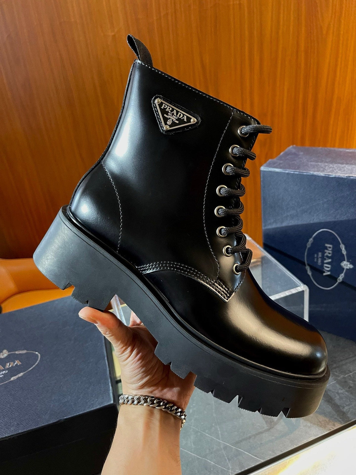 Black Leather Pouch Combat Boot - Men's