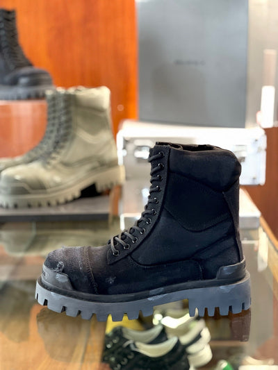 Black Leather Panelled Combat Boot - Men's