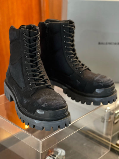 Black Leather Panelled Combat Boot - Men's