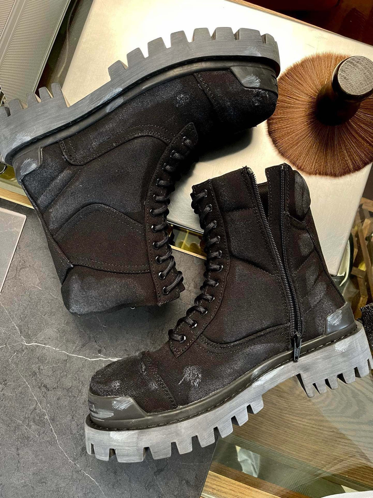 Black Leather Panelled Combat Boot - Men's
