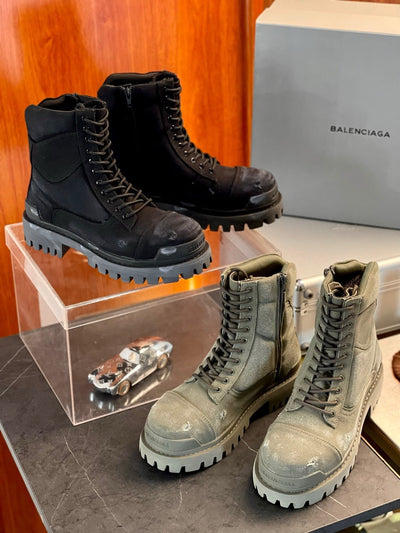 Black Leather Panelled Combat Boot - Men's
