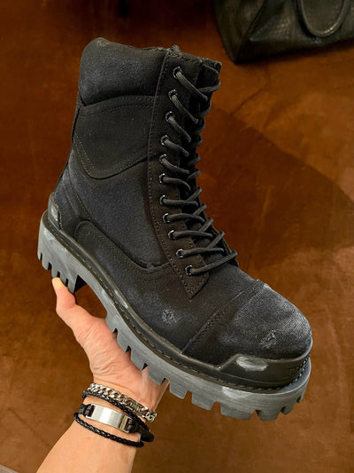 Black Leather Panelled Combat Boot - Men's