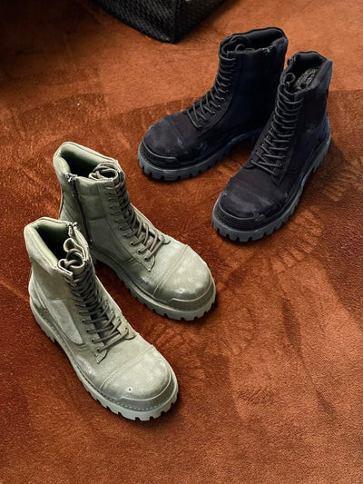 Black Leather Panelled Combat Boot - Men's