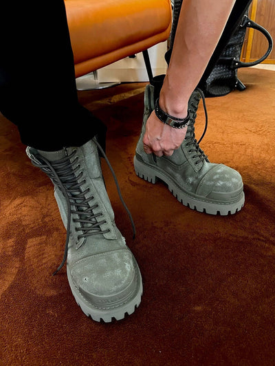 Black Leather Panelled Combat Boot - Men's