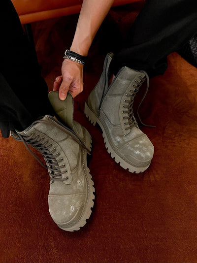 Black Leather Panelled Combat Boot - Men's