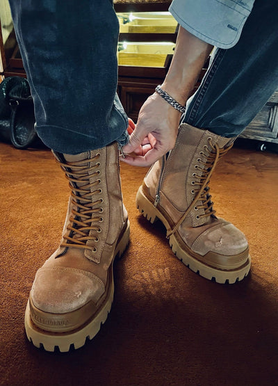 Black Leather Panelled Combat Boot - Men's
