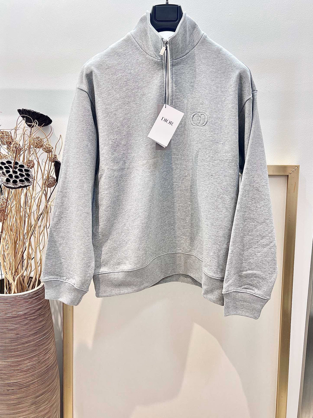 Grey Cotton Plain Half-Zip - Men's