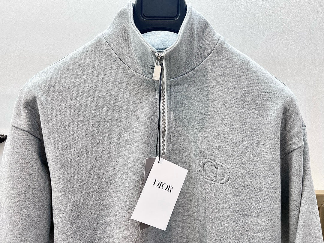 Grey Cotton Plain Half-Zip - Men's
