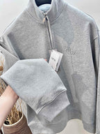 Grey Cotton Plain Half-Zip - Men's