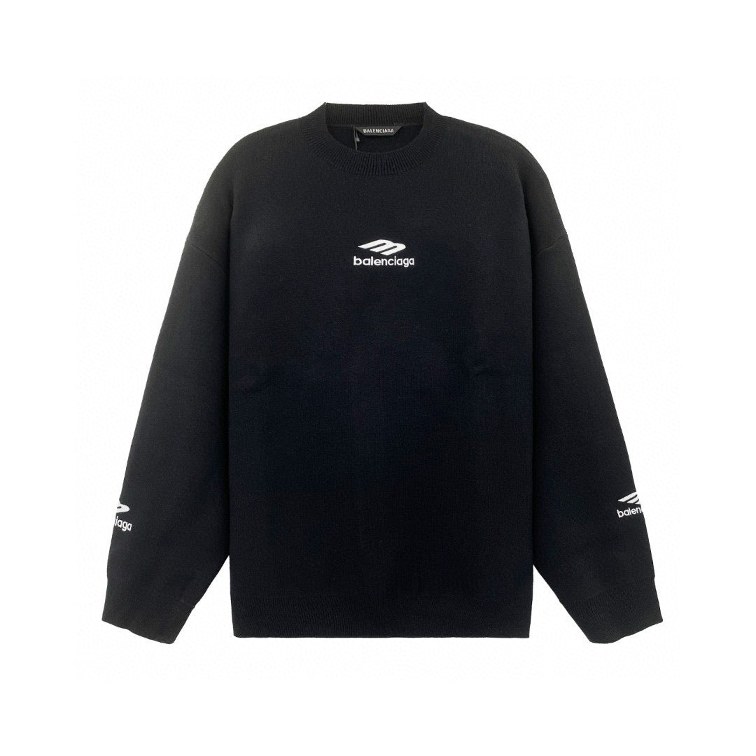 Black Cotton Sports Logo Crewneck - Men's
