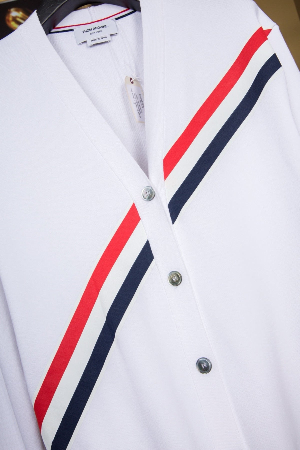 White Wool Striped Placket Cardigan - Men's