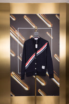 White Wool Striped Placket Cardigan - Men's