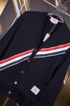 White Wool Striped Placket Cardigan - Men's