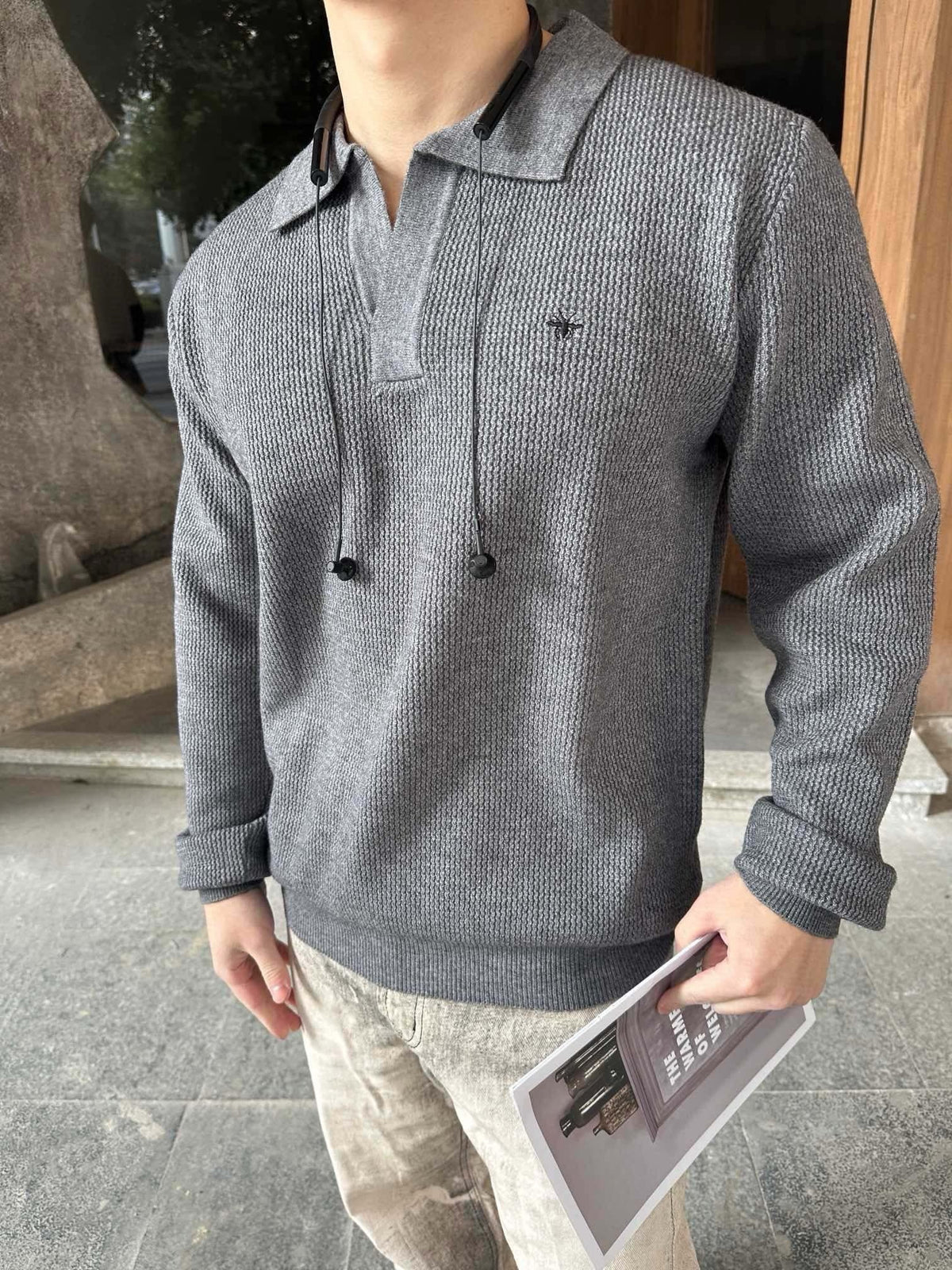 Grey Knit Plain Long-Sleeve - Men's